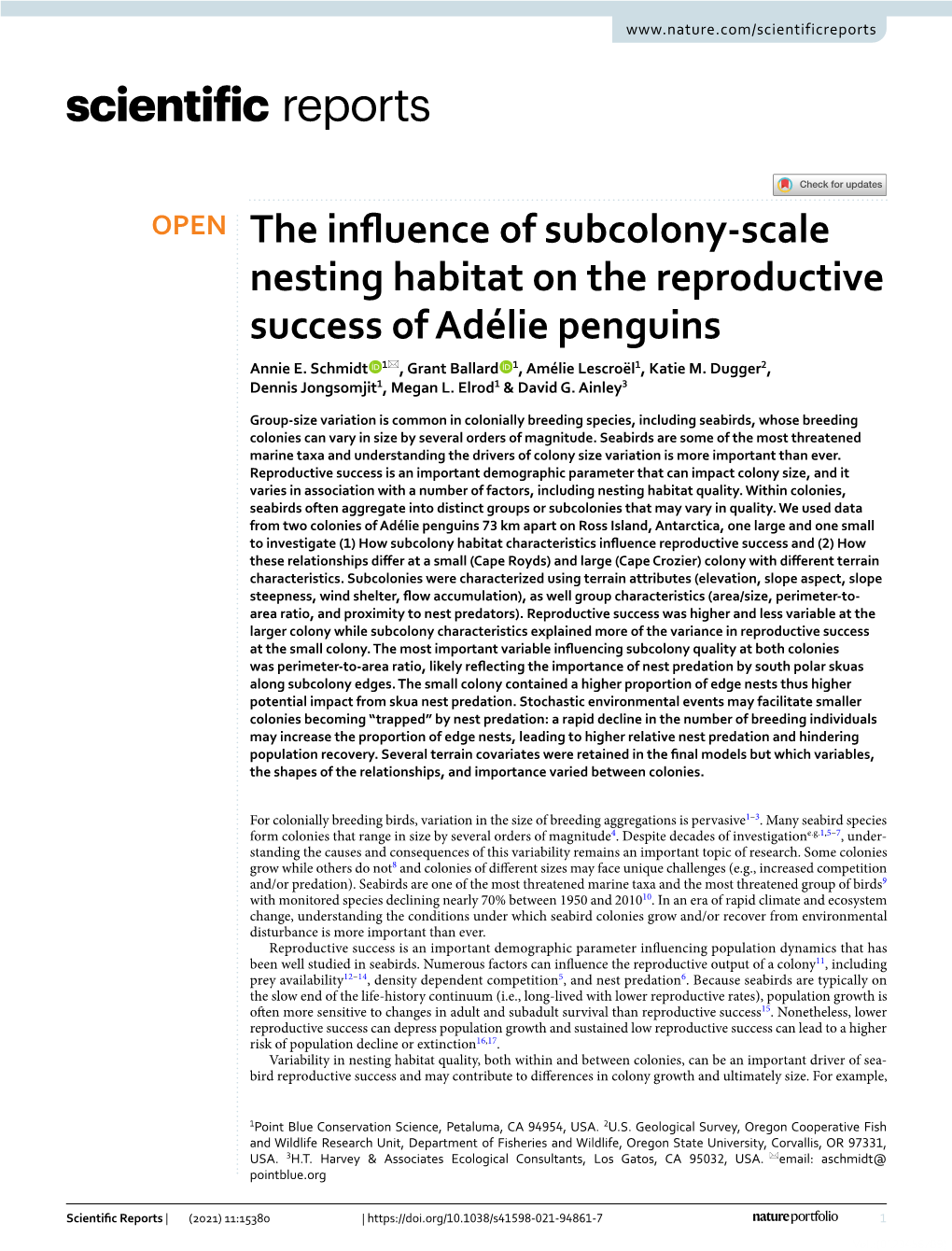 The Influence of Subcolony-Scale Nesting Habitat on the Reproductive