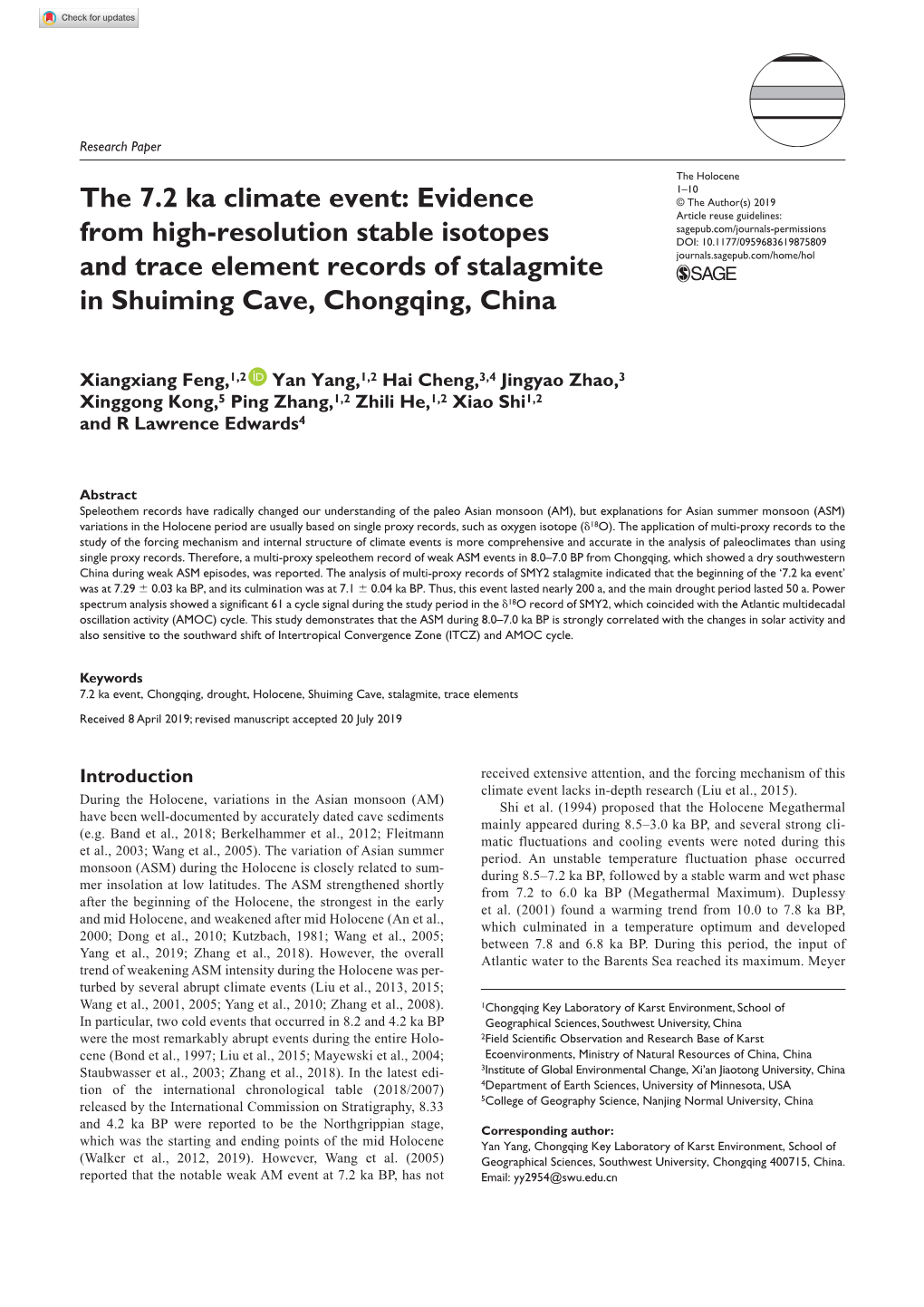 The 7.2 Ka Climate Event: Evidence from High-Resolution Stable Isotopes