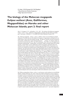 The Biology of the Moluccan Megapode Eulipoa Wallacei (Aves, Galliformes, Megapodiidae) on Haruku and Other Moluccan Islands; Part 2: ﬁnal Report