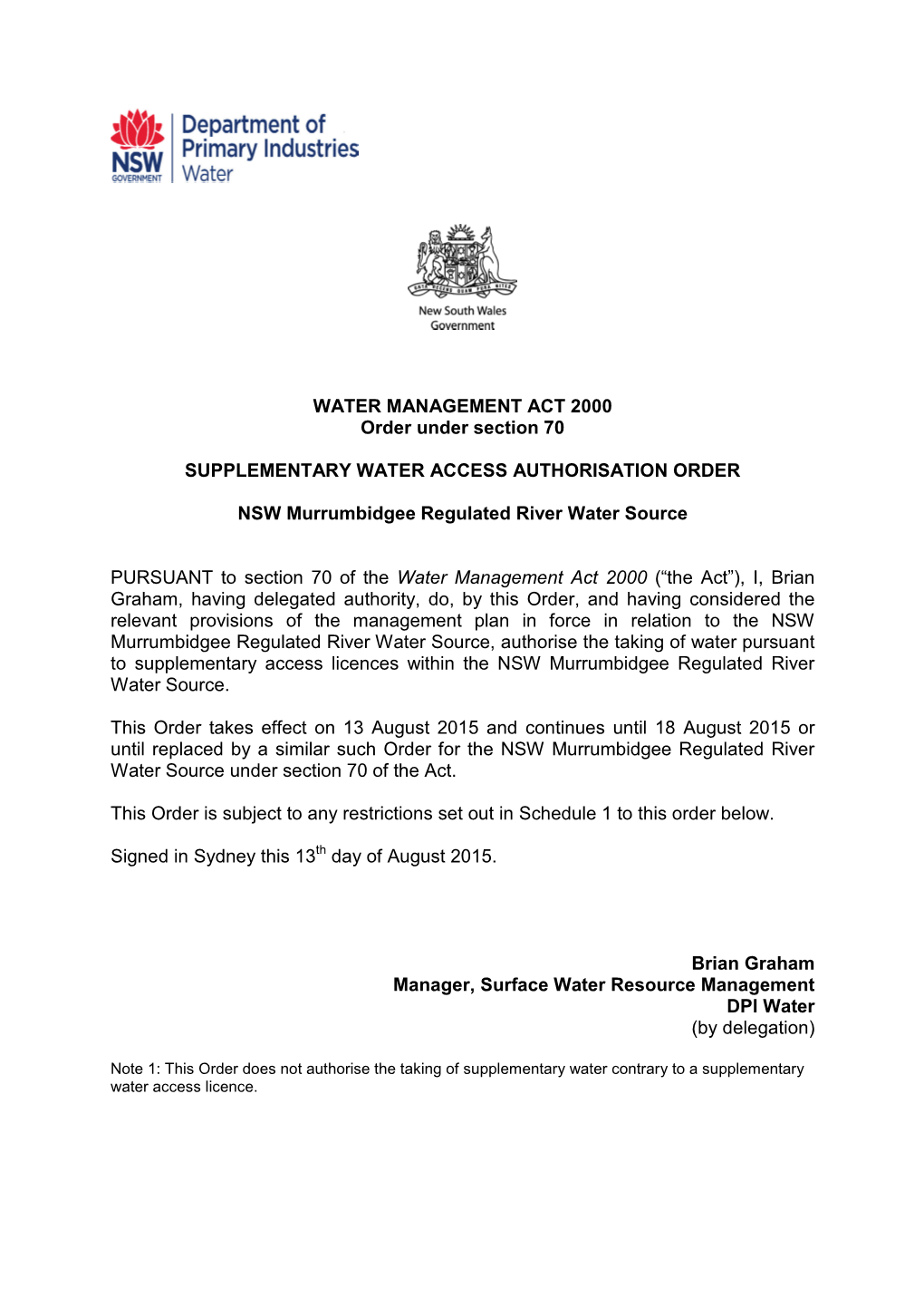 Supplementary Water Access Authorisation Order