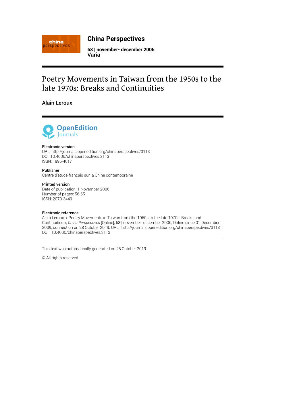China Perspectives, 68 | November- December 2006 Poetry Movements in Taiwan from the 1950S to the Late 1970S: Breaks and Conti