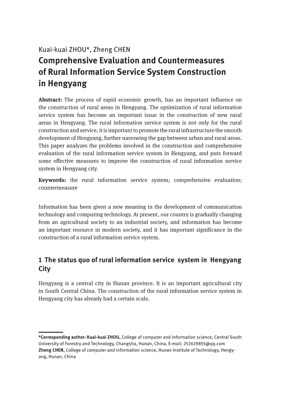 Comprehensive Evaluation and Countermeasures of Rural Information Service System Construction in Hengyang