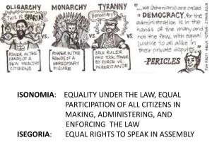 Isonomia: Equality Under the Law, Equal Participation of All Citizens in Making, Administering, and Enforcing the Law Isegoria: Equal Rights to Speak in Assembly