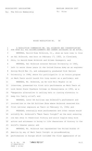 MISSISSIPPI LEGISLATURE REGULAR SESSION 2007 By: the Entire Membership HOUSE RESOLUTION NO. 58 a RESOLUTION CO