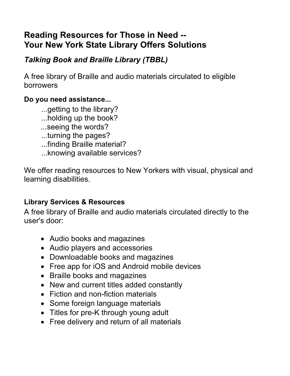 (TBBL) a Free Library of Braille and Audio Materials Circulated To