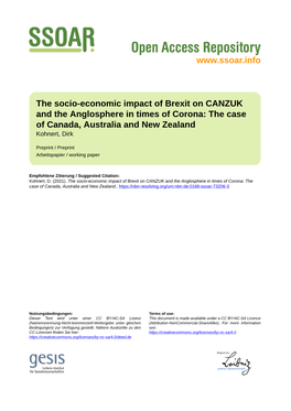 The Socio-Economic Impact of Brexit on CANZUK and the Anglosphere in Times of Corona: the Case of Canada, Australia and New Zealand Kohnert, Dirk