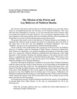 The Mission of the Priests and Lay Believers of Nichiren Shoshu