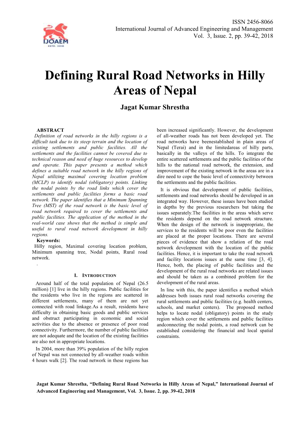 Defining Rural Road Networks in Hilly Areas of Nepal