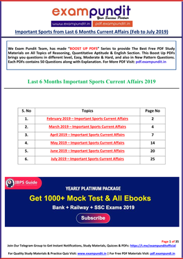 Last 6 Months Important Sports Current Affairs 2019