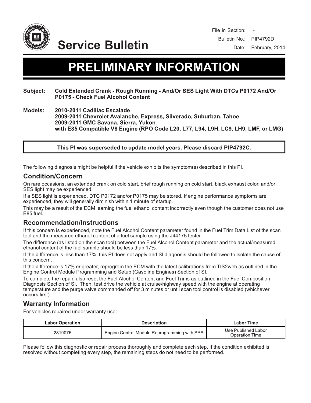 Service Bulletin PRELIMINARY INFORMATION