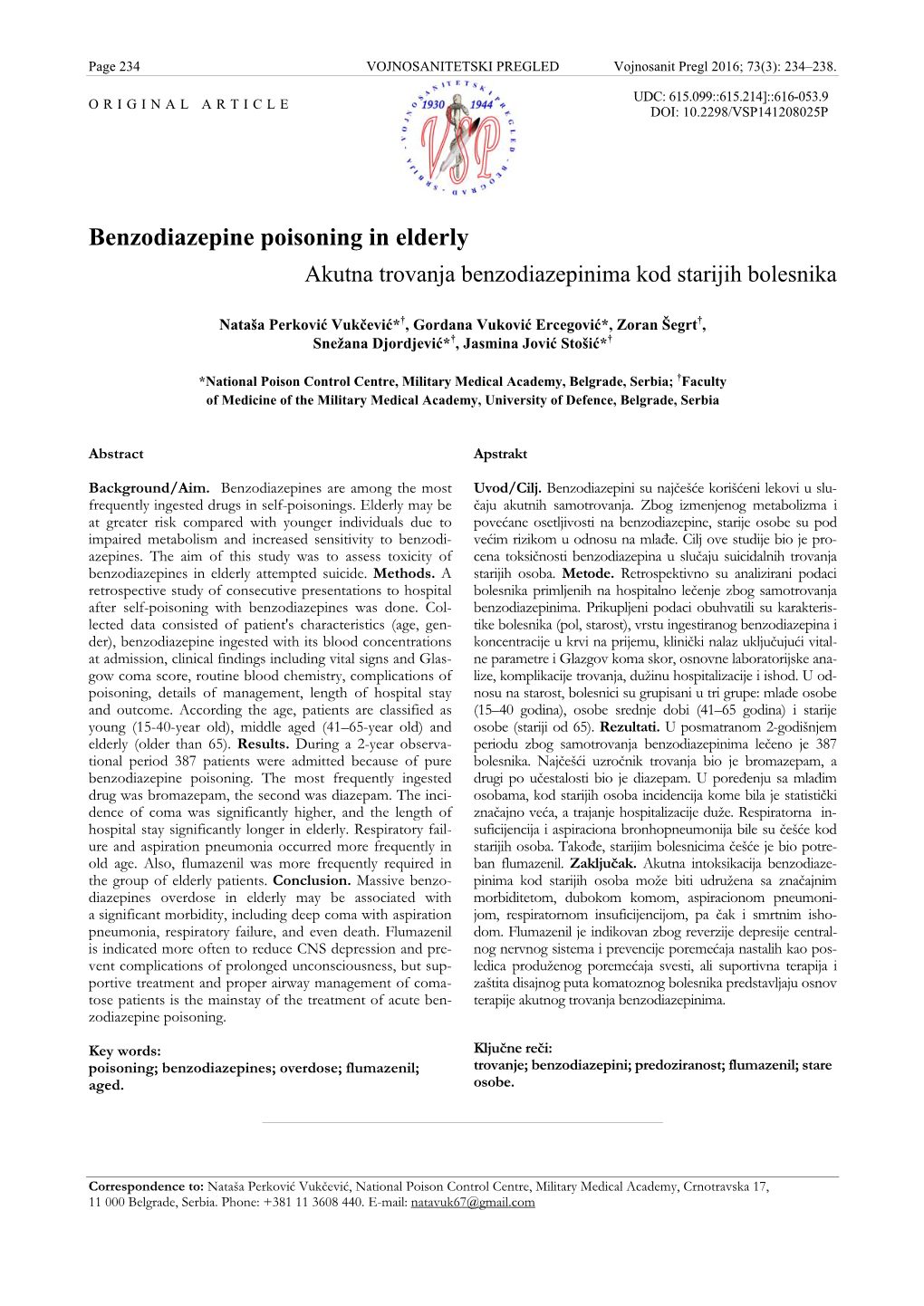 Benzodiazepine Poisoning in Elderly Akutna Trovanja Benzodiazepinima Kod Starijih Bolesnika