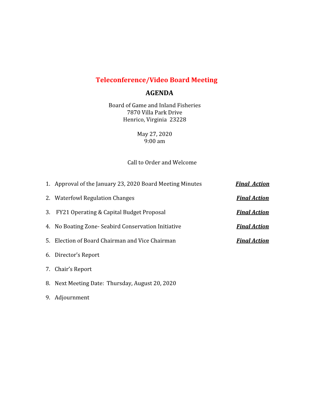 Board of Game and Inland Fisheries Meeting Materials