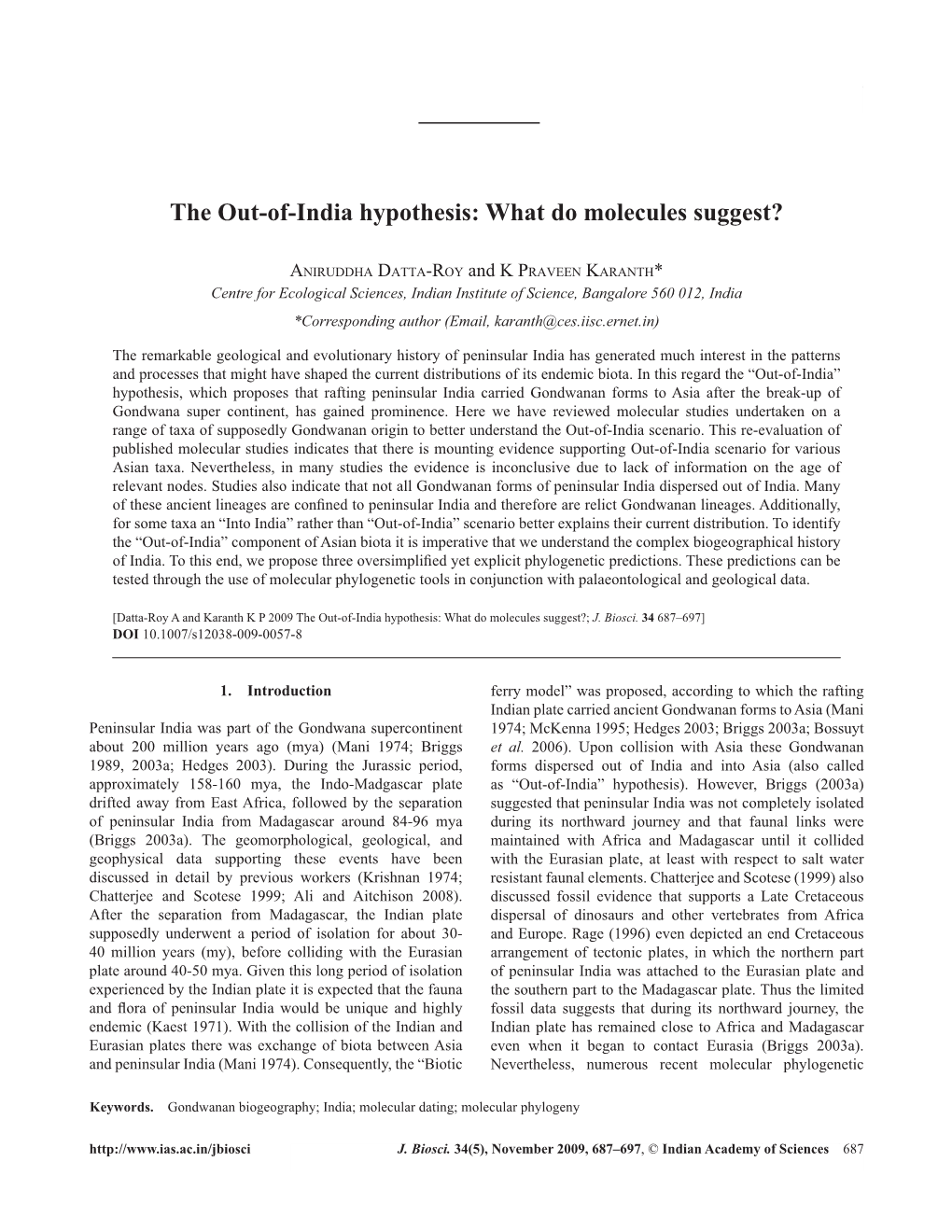 The Out-Of-India Hypothesis: What Do Molecules Suggest? 687