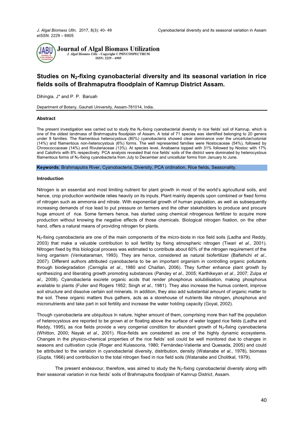 Studies on N2-Fixing Cyanobacterial Diversity and Its Seasonal Variation in Rice Fields Soils of Brahmaputra Floodplain of Kamrup District Assam