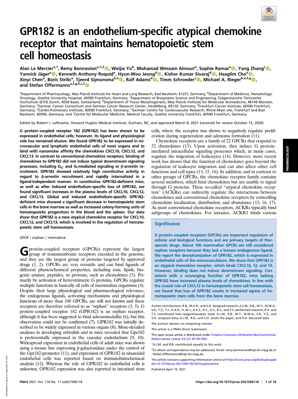 GPR182 Is an Endothelium-Specific Atypical Chemokine Receptor That Maintains Hematopoietic Stem Cell Homeostasis