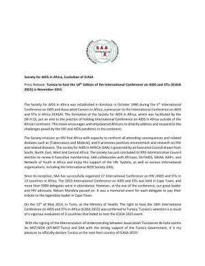 Society for AIDS in Africa, Custodian of ICASA Press Release: Tunisia To