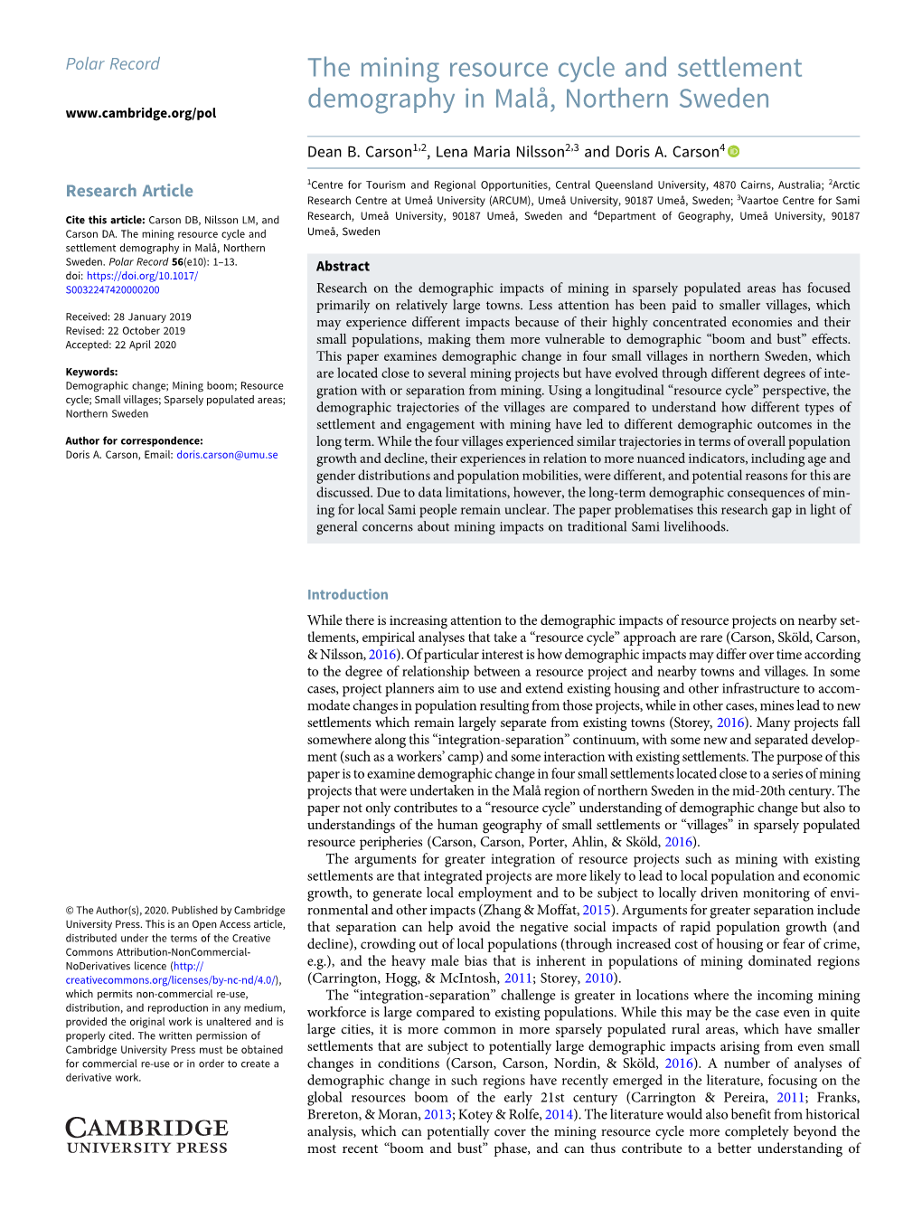 The Mining Resource Cycle and Settlement Demography in Malå