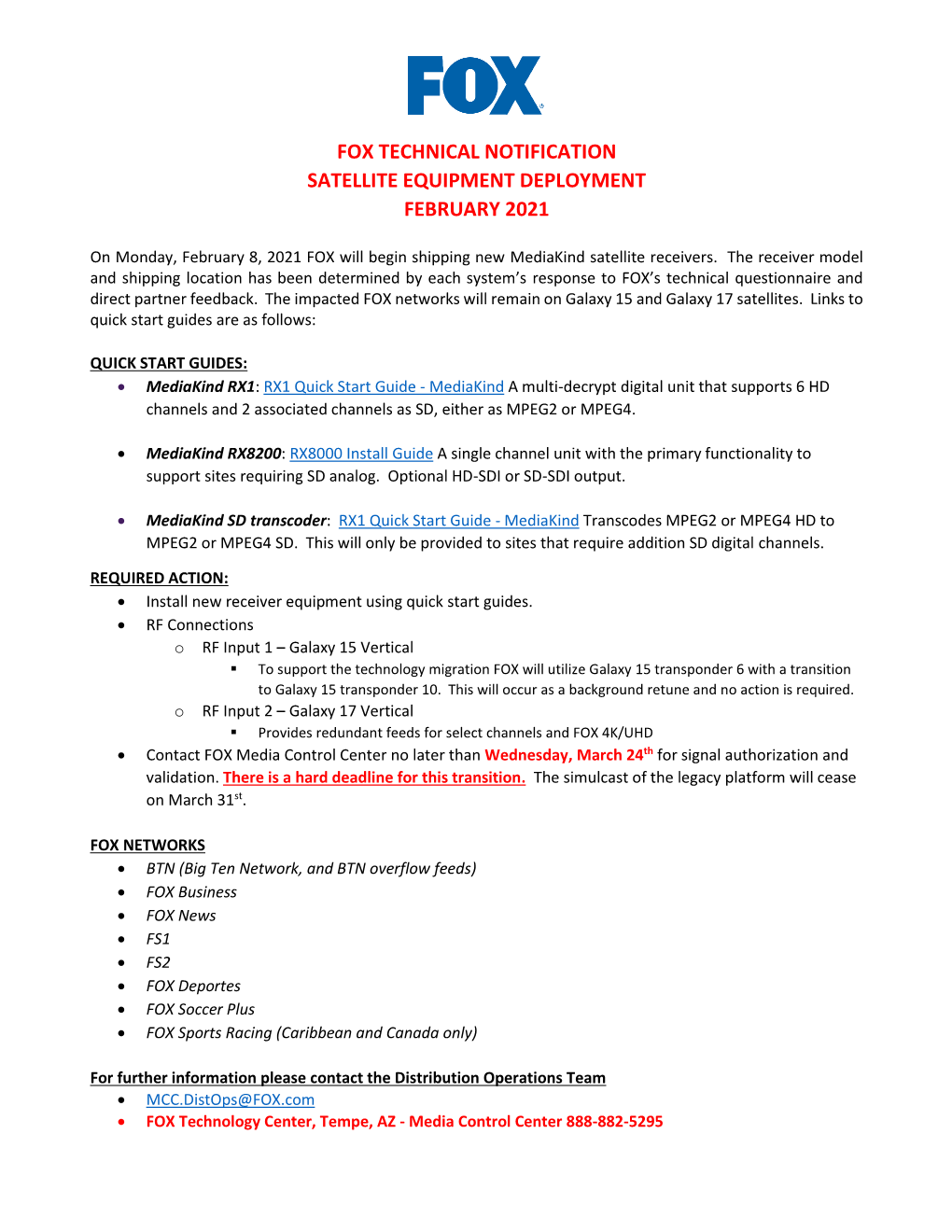 Fox Technical Notification Satellite Equipment Deployment February 2021