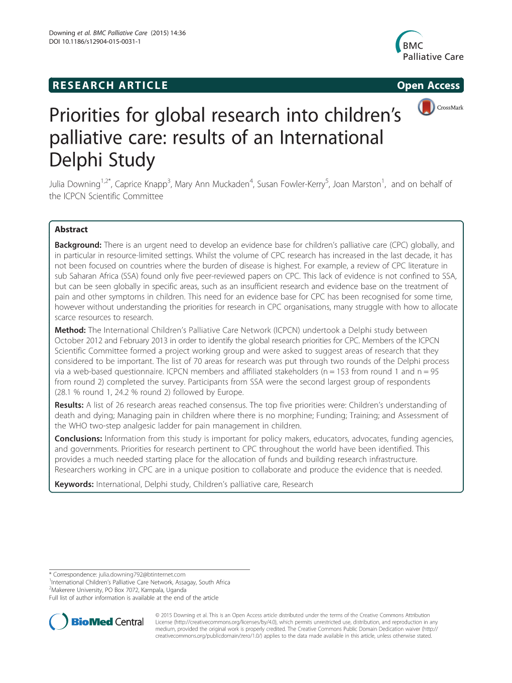 Priorities for Global Research Into Children's Palliative Care: Results Of