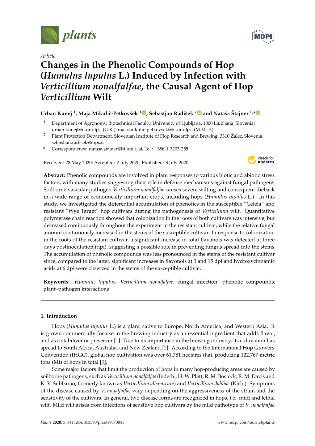 Changes in the Phenolic Compounds of Hop (Humulus Lupulus L.) Induced by Infection with Verticillium Nonalfalfae, the Causal Agent of Hop Verticillium Wilt