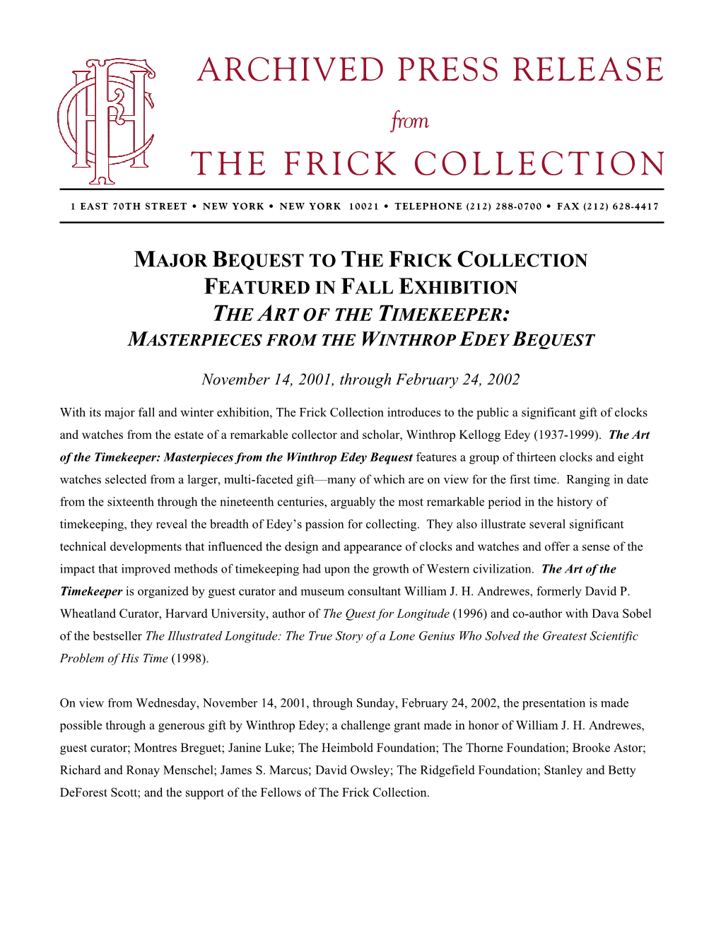 Archived Press Release the Frick Collection