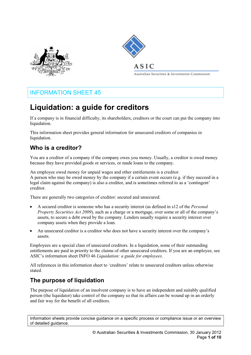 Information Sheet 45 Liquidation: a Guide for Creditors