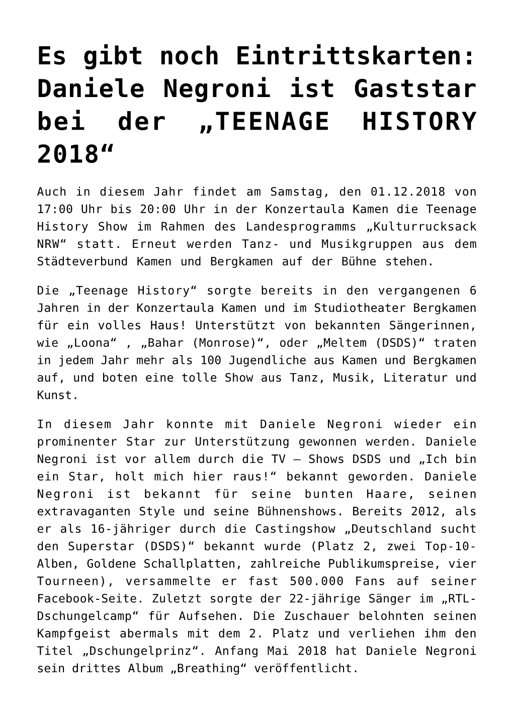 Daniele Negroni Ist Gaststar Bei Der „TEENAGE HISTORY 2018“