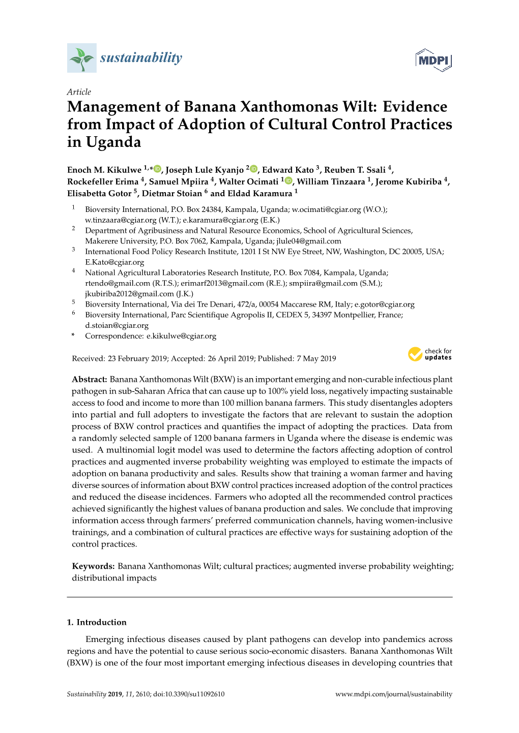 Management of Banana Xanthomonas Wilt: Evidence from Impact of Adoption of Cultural Control Practices in Uganda