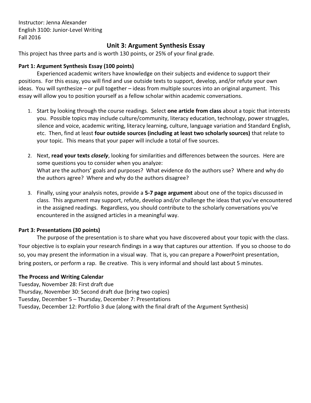 Unit 3: Argument Synthesis Essay