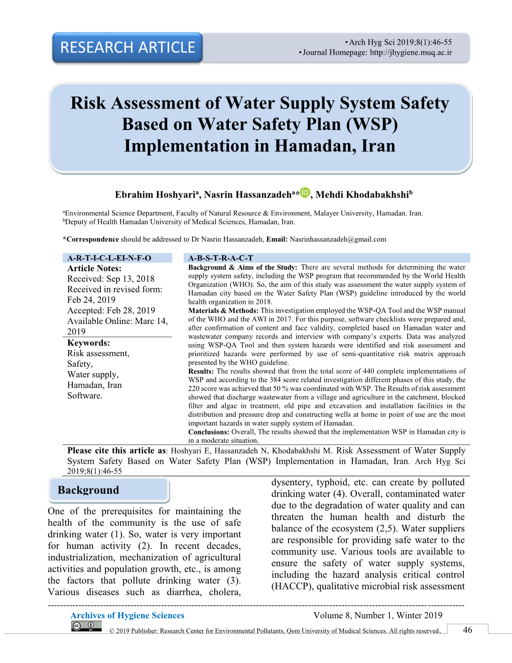 Risk Assessment of Water Supply System Safety Based on Water Safety Plan (WSP) Implementation in Hamadan, Iran