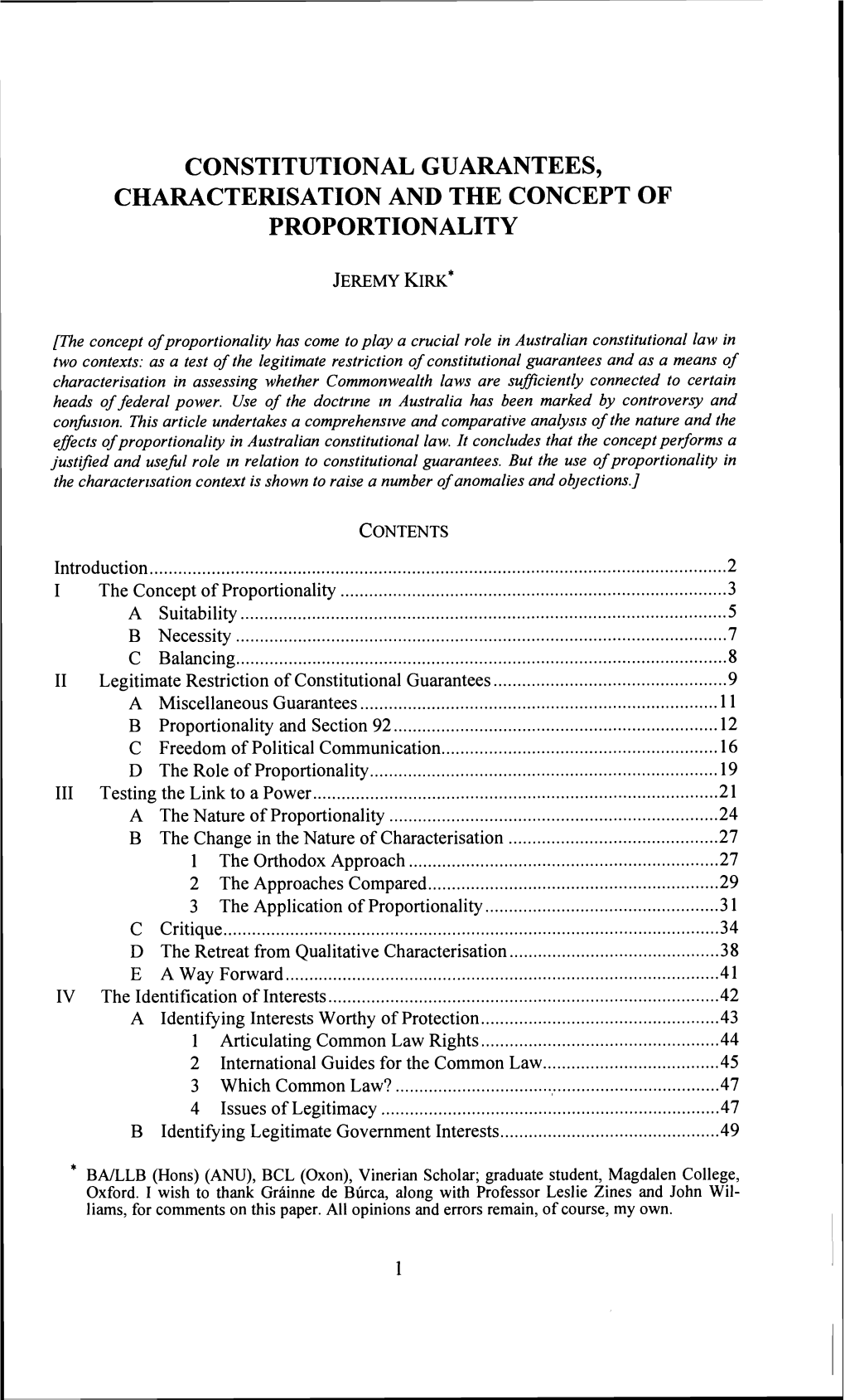 Constitutional Guarantees. Characterisation and the Concept of Proportionality