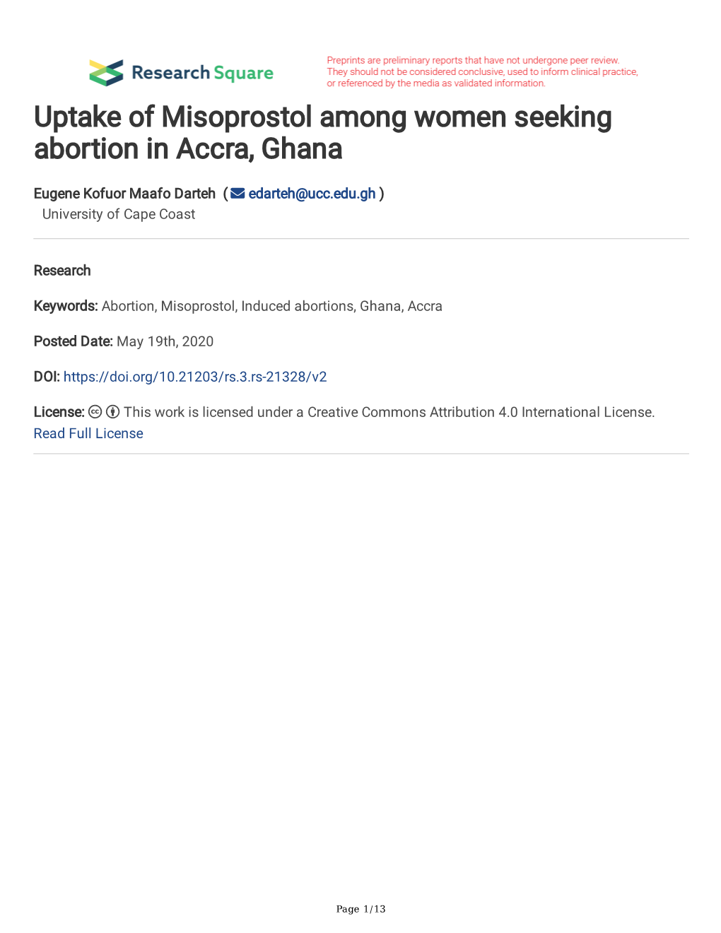 Uptake of Misoprostol Among Women Seeking Abortion in Accra, Ghana