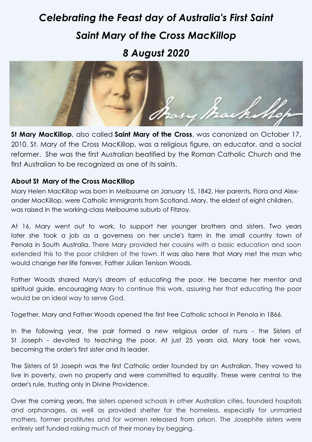 Celebrating The Feast Day Of Australias First Saint Saint Mary Of The