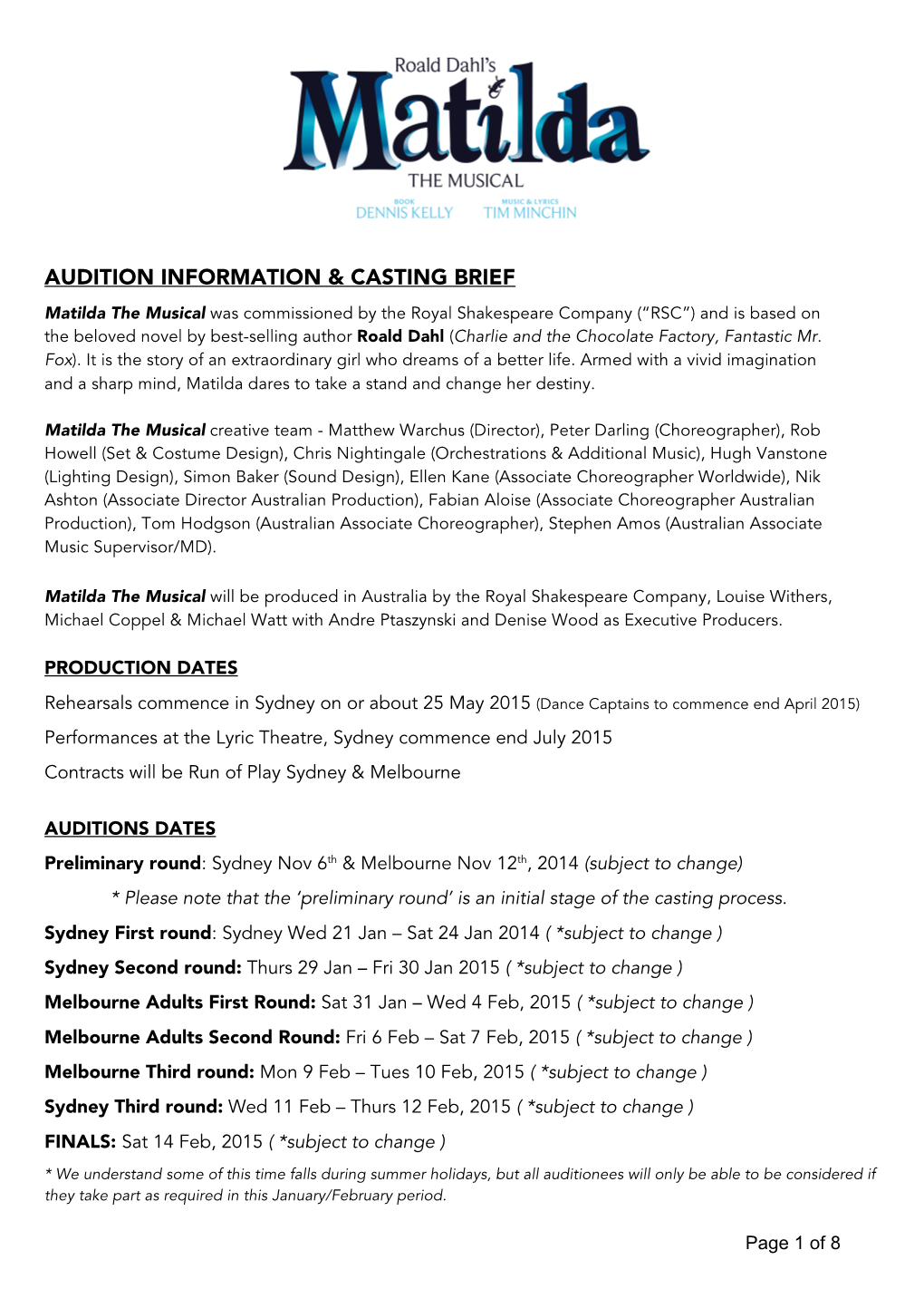 ADULTS CASTING BRIEF As at 16 Sept 2014