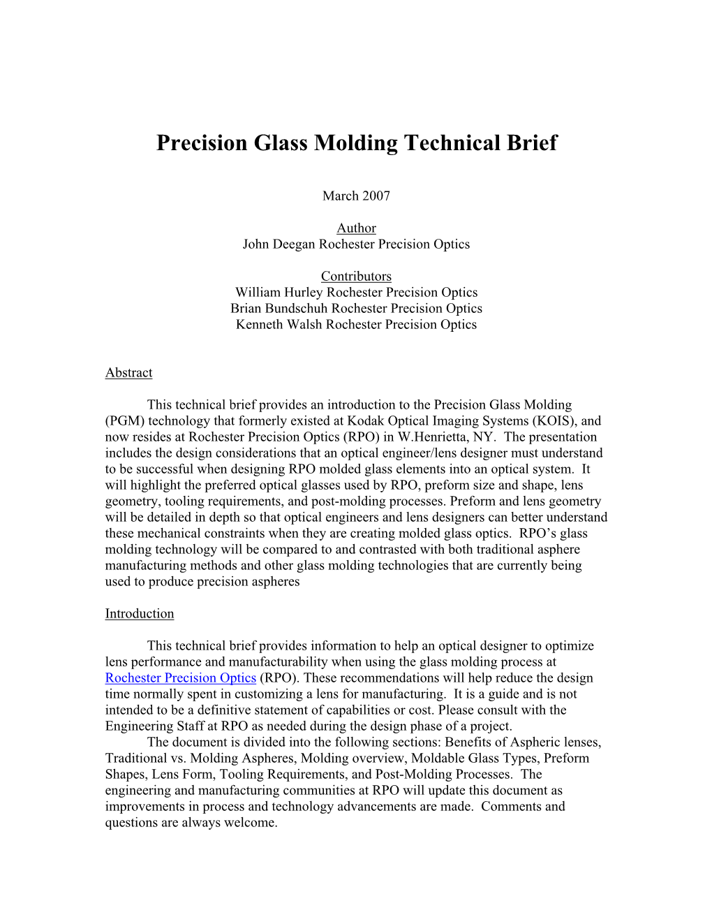 Precision Glass Molding Technical Brief
