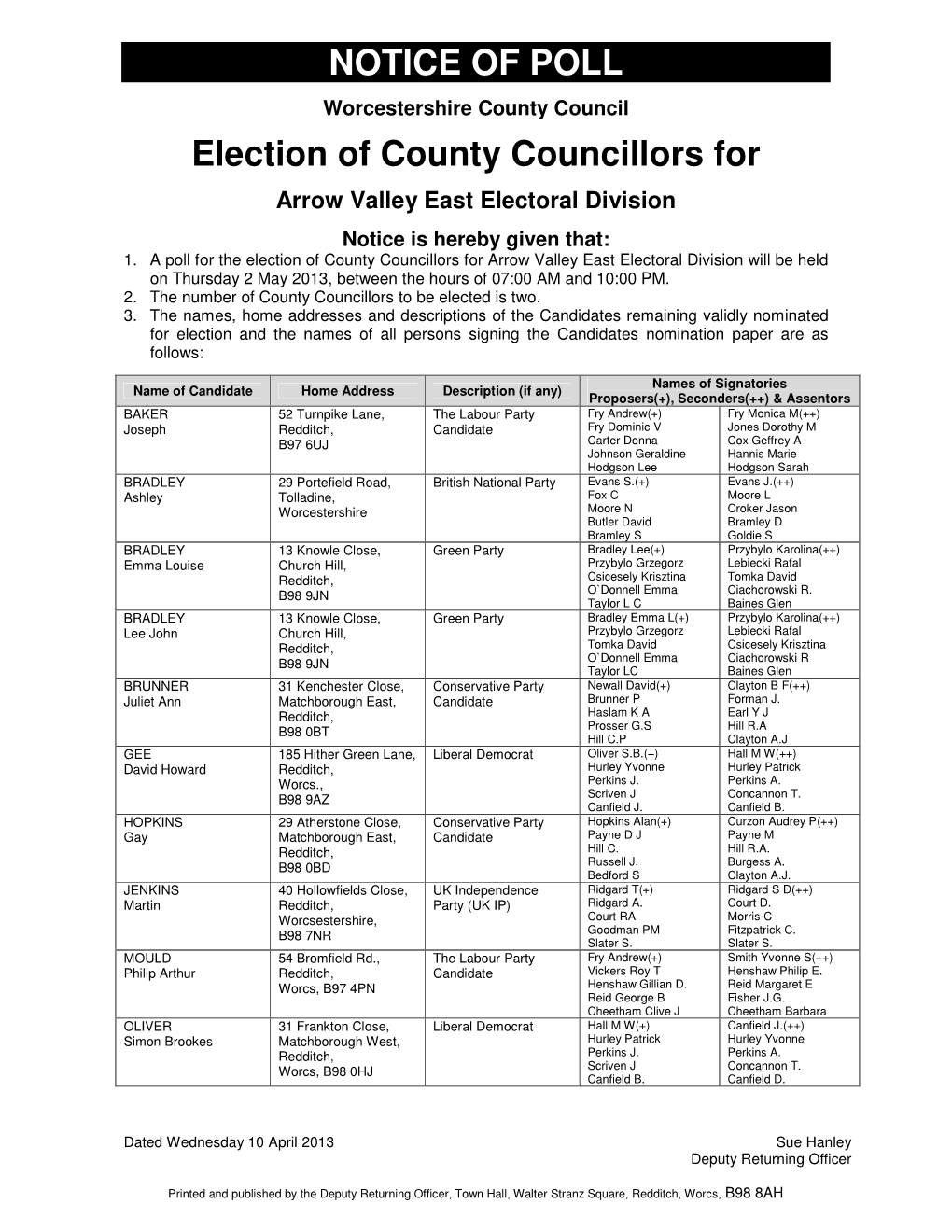 NOTICE of POLL Election of County Councillors