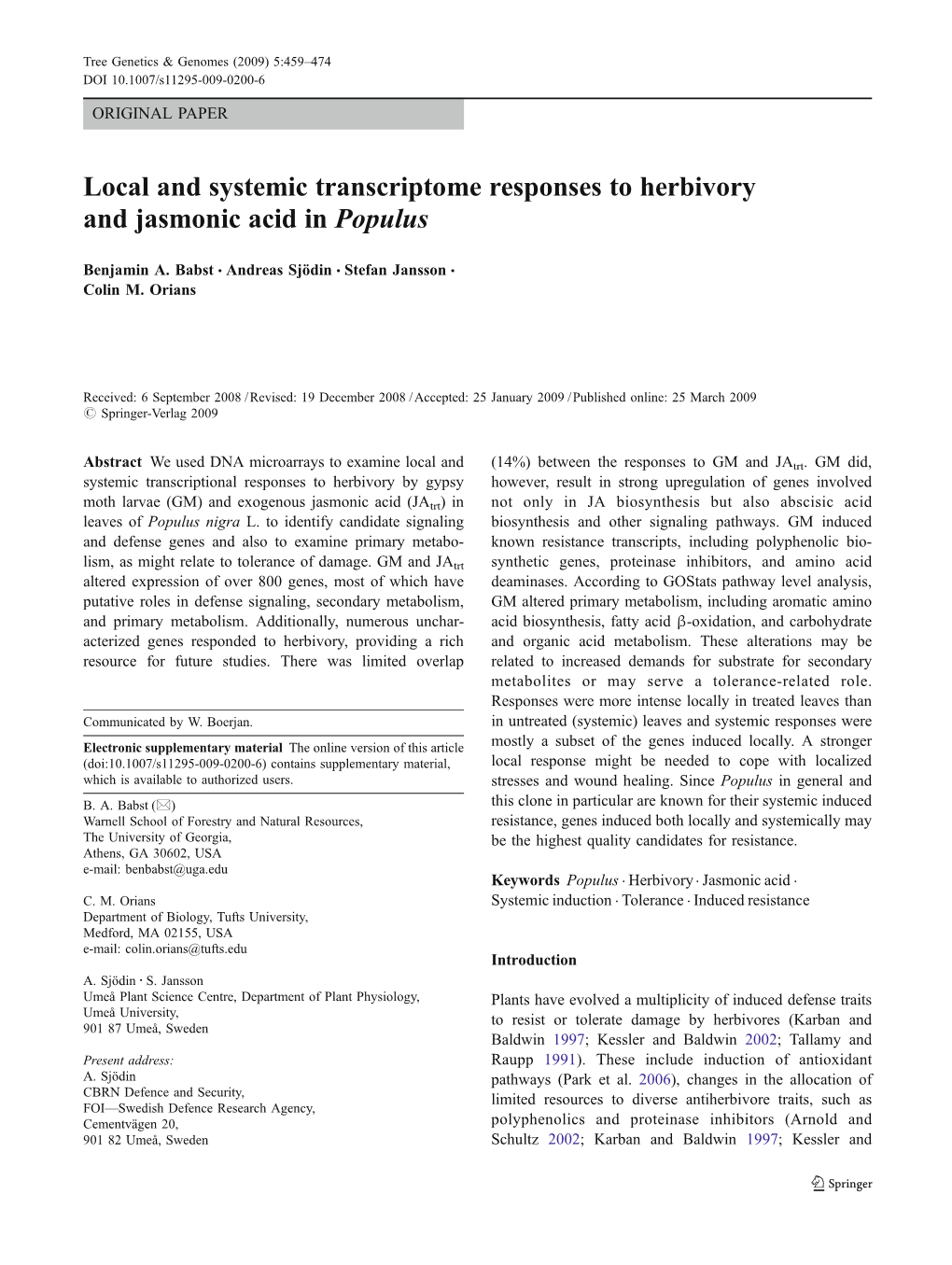 Local and Systemic Transcriptome Responses to Herbivory and Jasmonic Acid in Populus