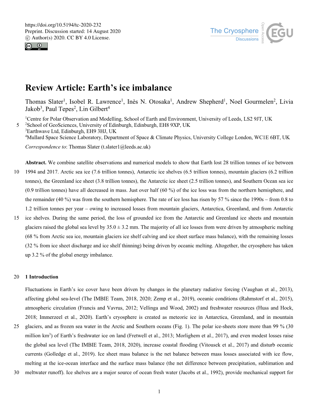 Review Article: Earth's Ice Imbalance