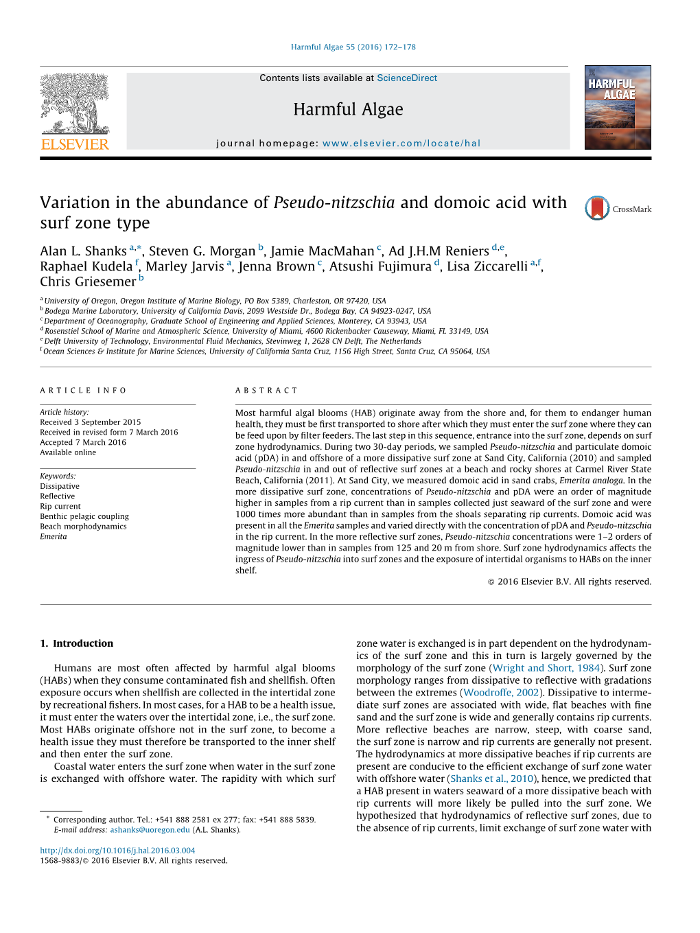 Variation in the Abundance of Pseudo-Nitzschia and Domoic Acid with Surf Zone Type