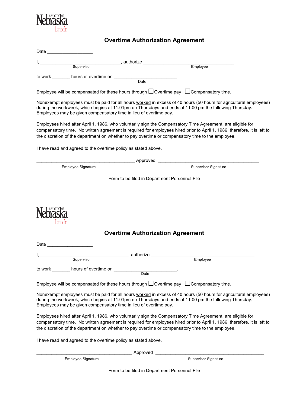 Overtime Authorization Agreement