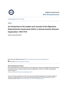 An Introduction to the Leaders and Journals of the Allgemeine Österreichische Frauenverein (Aöfv), Or General Austrian Women’S Organization: 1893-1910