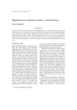 Highland Rural Settlement Studies: a Critical History