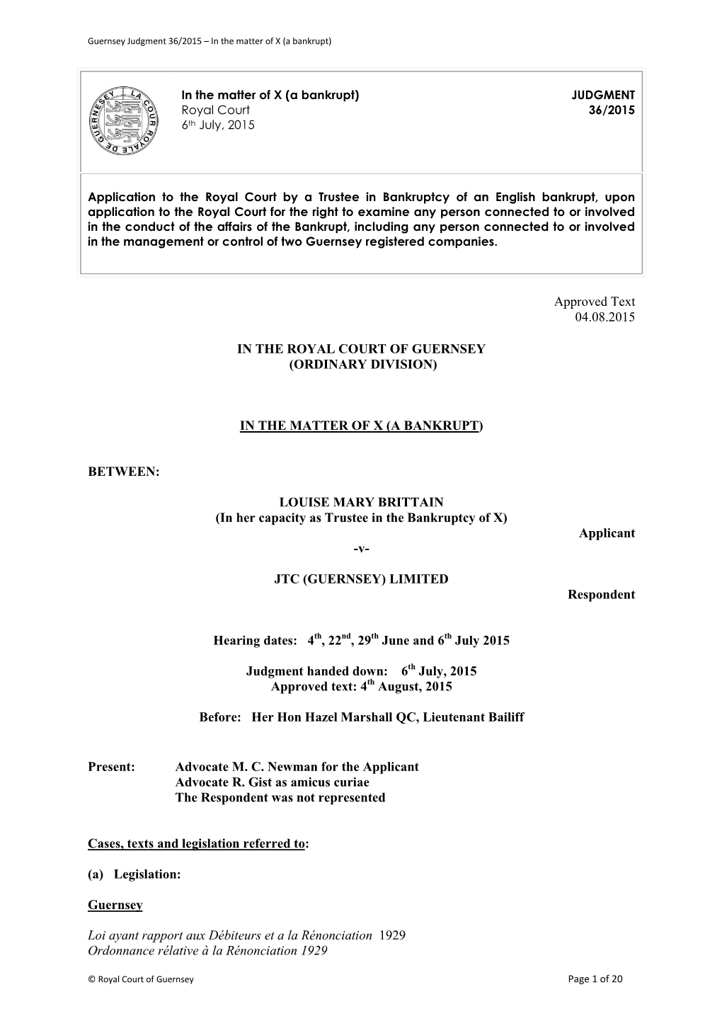 Approved Text 04.08.2015 in the ROYAL COURT of GUERNSEY