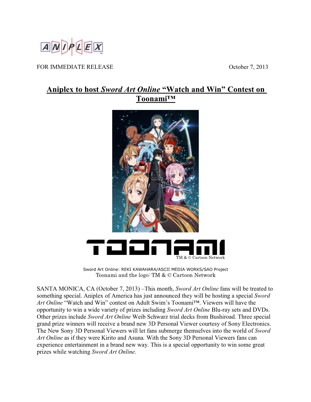 Aniplex to Host Sword Art Online “Watch and Win” Contest on Toonami™