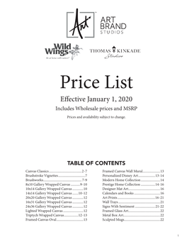 Price List E Ective January 1, 2020 Includes Wholesale Prices and MSRP Prices and Availability Subject to Change