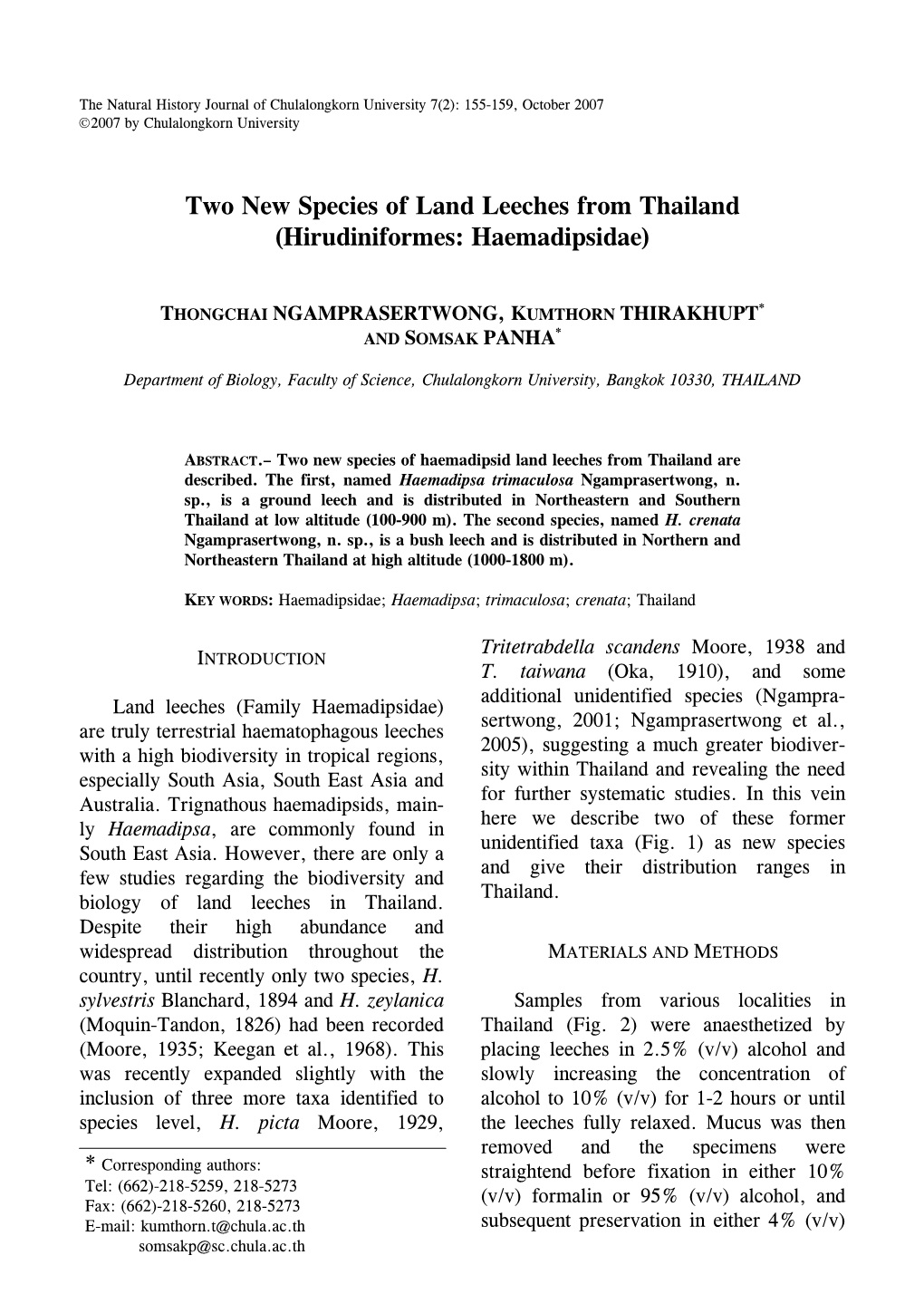 Two New Species of Land Leeches from Thailand (Hirudiniformes: Haemadipsidae)