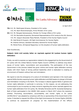 Joint Civil Society Letter on Reprisals Against Sri Lankan Human Rights Defenders