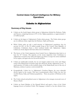 Central Asian Cultural Intelligence for Military Operations Uzbeks In