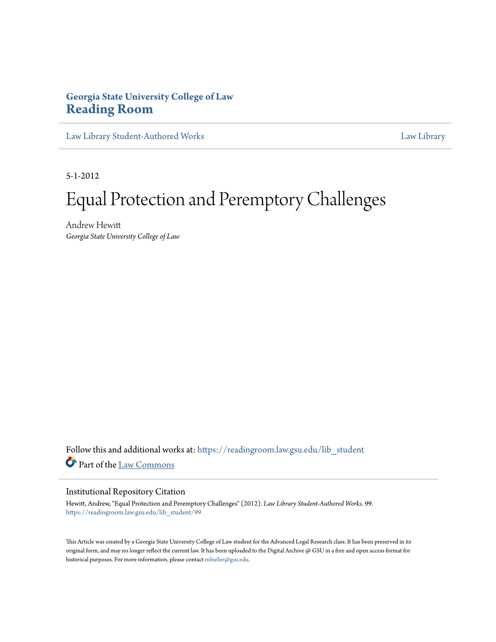 Equal Protection and Peremptory Challenges Andrew Hewitt Georgia State University College of Law