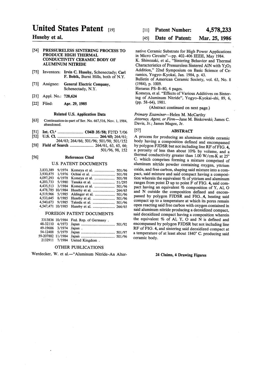 United States Patent (19) 11 Patent Number: 4,578,233 Huseby Et Al